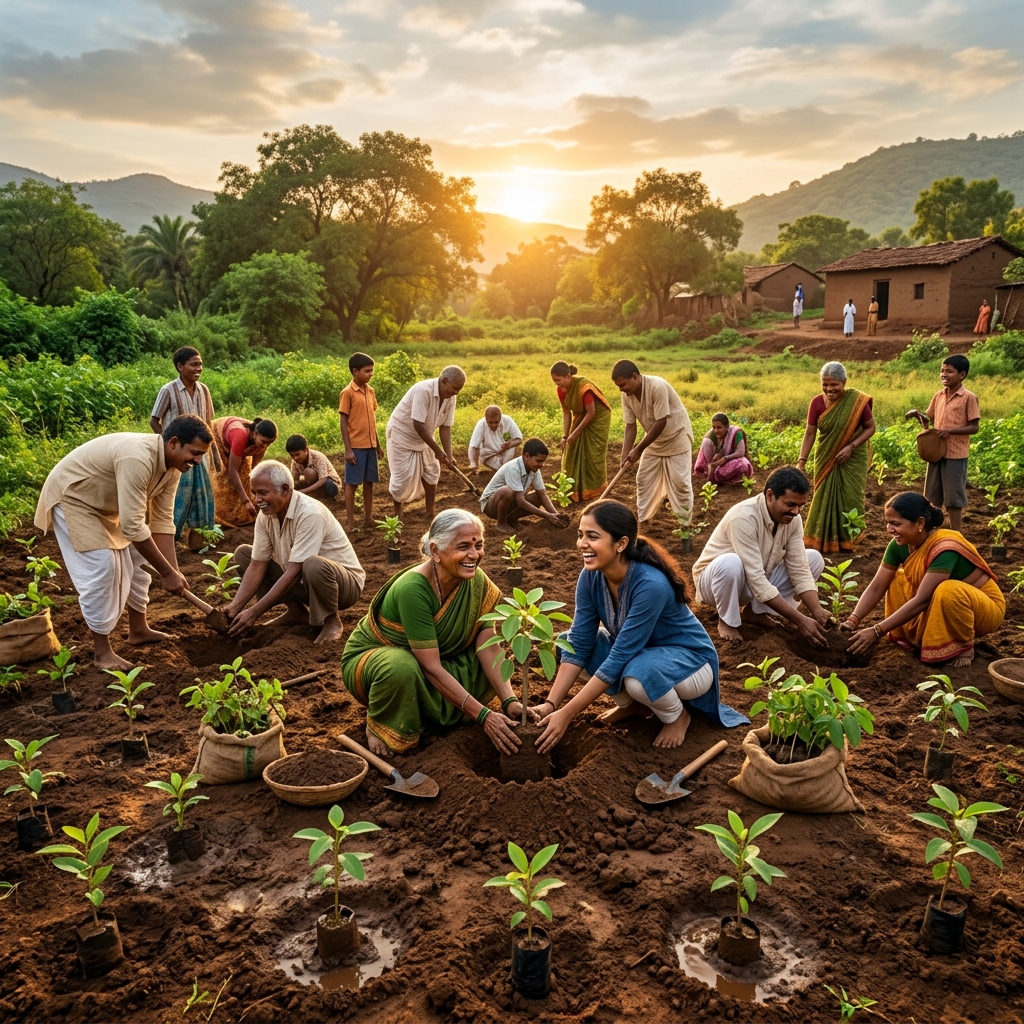 Indian Villagers Planting Trees